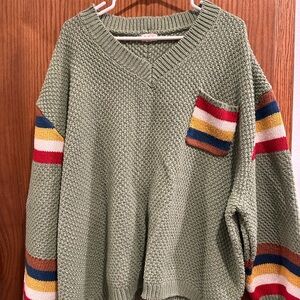 POL Green V-Neck Sweater with Striped Sleeves